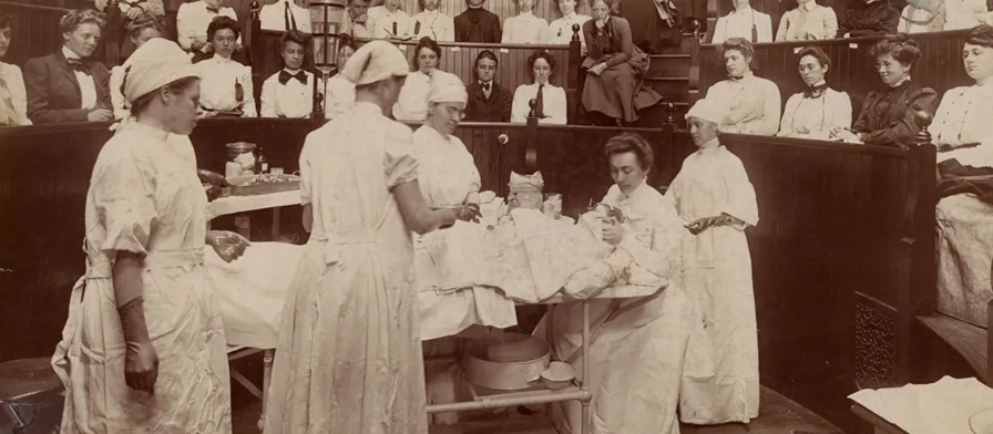 A historical photo of women working in the healthcare industry